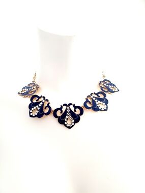 Gold-Tone Navy Floral Statement Necklace with Crystal Drops